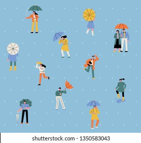 Tiny character pattern on a rainy day street. flat design style minimal vector illustration