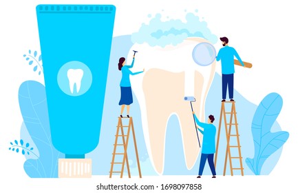 Tiny character people fix dental, male and female dentist treat tooth, isolated on white, flat vector illustration. Design toothpaste for web, landing. Concept website, webpage banner.