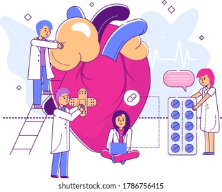 Médico científico profesional de carácter pequeño, organismo de investigación en equipo, corazón de estudio personal del médico de línea aislado en ilustración vectorial plana y blanca. Medicamento médico de prescripción.