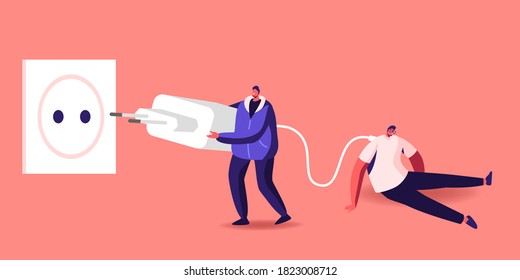 Tiny Character Put Huge Plug Into Socket To Recharge Tired And Exhausted Business Man Sitting With Low Life Energy Percent. Working Burn Out, Zero Accumulator Power. Cartoon People Vector Illustration