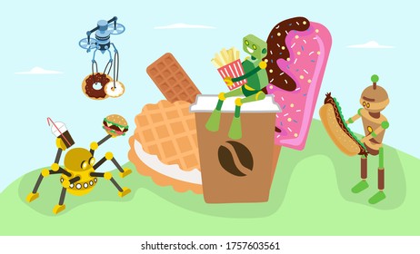 Tiny Character Robot Artificial Intelligence Eat Sweetness, Delivery Sweet Food Flat Vector Illustration. Modern Drone Shipment Concept Coffee Business, Dessert Chocolate Smoothies.