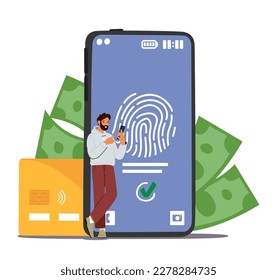 Tiny Character Stand By A Giant Phone With Fingerprint On Screen And Bank Cards. Concept Of Data Protection, Cybersecurity, Mobile Banking, Safety Of Personal Information. Cartoon Vector Illustration