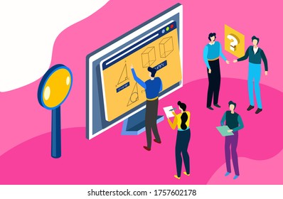 Tiny character study online education, male female student concept 3d isometric vector illustration. People together learn modern internet professional formation, monitor device and magnifying glass.
