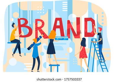 Tiny character teamwork office male female people make company branding, team decor brand text isolated on white, flat vector illustration. Man stand ladder, stairs painting, woman hold ruler.