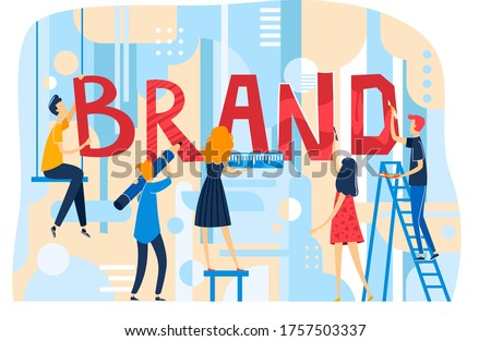 Tiny character teamwork office male female people make company branding, team decor brand text isolated on white, flat vector illustration. Man stand ladder, stairs painting, woman hold ruler.