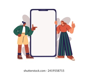 Tiny characters advertising mobile phone screen. Women recommending app, blank smartphone display. Young girls with cellphone, huge cell mockup. Flat vector illustration isolated on white background