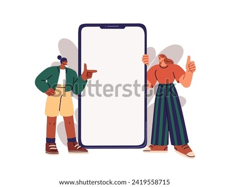 Tiny characters advertising mobile phone screen. Women recommending app, blank smartphone display. Young girls with cellphone, huge cell mockup. Flat vector illustration isolated on white background