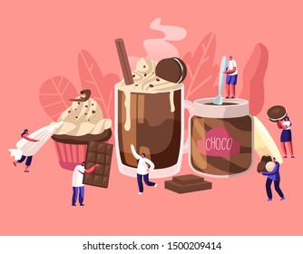 Tiny Characters among Huge Chocolate Dessert Dishes. Pastry Choco Paste Cupcake Candy Cane Cocktail. People Eating Sweet Food Concept. Cartoon Flat Vector Illustration