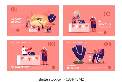 Tiny Characters around of Huge Amber Fossil with Mosquito Landing Page Template Set. Jeweler Make Jewelry of Beautiful Stone, People Buying and Selling Gemstones in Store. Cartoon Vector Illustration