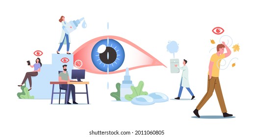 Tiny Characters around of Huge Eye. People Suffer of DES, Dry Eyes Syndrome and Conjunctivitis Disease Visit Clinic. Medical and Pharmaceutical Concept, Vision Treatment. Cartoon Vector Illustration