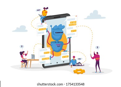 Tiny Characters around Huge Mobile with Robot Assistant. Artificial Intelligence in Human Life. Chatbot Help Clients Online Answer Questions, Ai Cyborgs Faq Service. Cartoon People Vector Illustration