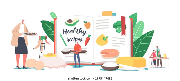 Pequeños personajes alrededor de un enorme libro de recetas cocinando comida saludable. Hombres y mujeres mezclando ingredientes para la mezcla de huevos, mantequilla y harina para cocinar comidas, abuela con panadería fresca. Ilustración de vectores de personas de caricatura