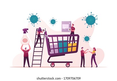 Tiny Characters around of Huge Shopping Trolley Cleaning Shop Equipment during Coronavirus Pandemic. Customer Spraying Antibacterial Gel on Hands Visiting Store. Cartoon People Vector Illustration