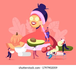 Tiny Characters around of Huge Woman with Facial Mask and Cucumber Slices of Face. Skin Care and Treatment, Spa, Natural Beauty and Cosmetology Relaxation Concept. Cartoon People Vector Illustration