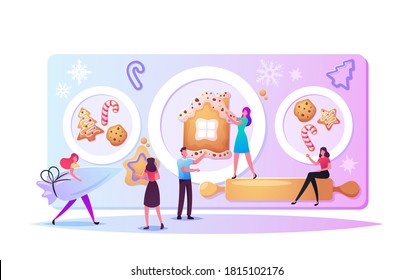 Tiny Characters Baking Huge Christmas Bakery, Cookies or Sweets. Festive Activity Preparation for Holidays Celebration. People with Equipment and Ingredients Bake Desserts. Cartoon Vector Illustration