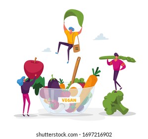 Tiny Characters Bring Fruits and Vegetables into Huge Bowl. Vegetarian Diet as Source of Energy and Health, Healthy Lifestyle, Organic Vegan Food Choice Concept. Cartoon People Vector Illustration