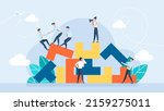 Tiny characters build business blocks. Destroyed structure. Conceptual planning, teamwork, business support, building. Vector illustration for UI, mobile app, web. Flat design vector illustration