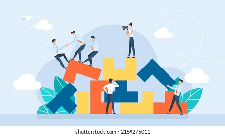 Tiny characters build business blocks. Destroyed structure. Conceptual planning, teamwork, business support, building. Vector illustration for UI, mobile app, web. Flat design vector illustration