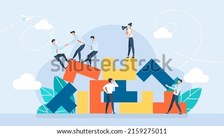 Tiny characters build business blocks. Destroyed structure. Conceptual planning, teamwork, business support, building. Vector illustration for UI, mobile app, web. Flat design vector illustration