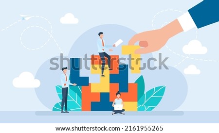 Tiny characters build business blocks. Hand puts part structure. Orderly system, structure. Conceptual planning, teamwork, business support, building. Vector illustration for UI, app, web. Flat design
