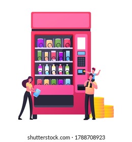 Tiny Characters Buying Snacks in Vending Machine. Little Son Sitting on Father Shoulders Put Coin into Automate Buying Fastfood. Production Retail Technologies. Cartoon People Vector Illustration