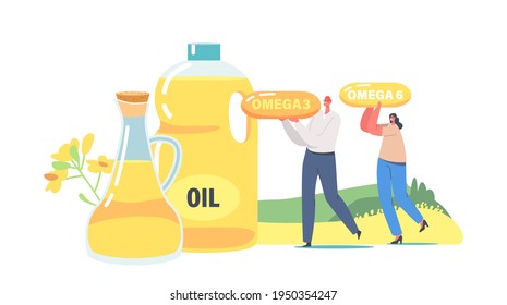 Tiny Characters Carry Huge Capsules with Omega Fats near Glass Jar and Jug with Rapeseed Canola Oil. Fresh Plant Oil Production, Fortified Farm Natural Organic Products. Cartoon Vector Illustration