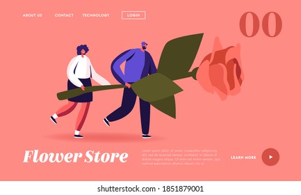 Tiny Characters Carry Huge Rose Landing Page Template. Flower Shop or Gift for Birthday Celebration Concept. Florist Profession, Customer Visiting Floristic Store. Cartoon People Vector Illustration