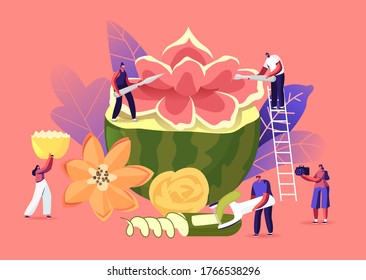 Tiny Characters Carving Huge Fruits and Vegetables. People Make Beautiful Flower of Watermelon. Traditional Thailand Art of Fruit and Vegetable Carving, Food Sculptures. Cartoon Vector Illustration