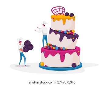 Tiny Characters in Chef Uniform and Cap Decorating Huge Pie with Berries. People Cook Festive Cake with Cream. Teamwork, Bakery, Giant Dessert for Birthday or Wedding. Cartoon Vector Illustration