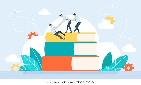 Aus den Büchern klettern winzige Figuren auf den Berggipfel. Business-Kurse. Teamarbeit im Bildungsbereich. Der Anführer leiht eine helfende Hand. Hochschulbildung. Flacher Stil. Vektorgrafik