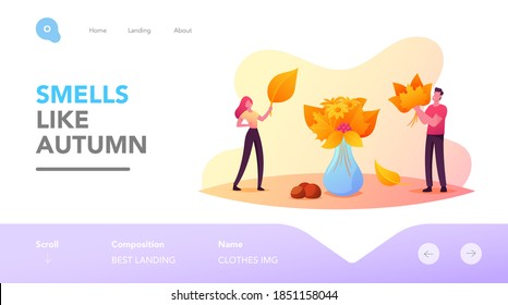 Tiny Characters Collecting Autumn Bouquet Landing Page Template. People Put Fallen Leaves, Flowers and Berries into Huge Vase. Fall Season Recreation, Leisure, Activity. Cartoon Vector Illustration