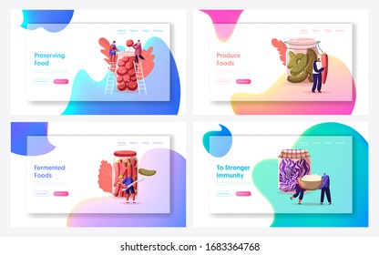 Tiny Characters Cook Marinated Preserves Landing Page Template Set. People Cooking Pickles, Tomatoes, Cabbage and Chilli Pepper. Canned Food, Fermentation and Preservation. Cartoon Vector Illustration