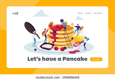 Tiny Characters Cooking and Eating Homemade Pancakes Landing Page Template. Man and Woman Wear Toques with Huge Kitchen Tools Frying Flapjacks for Family at Morning. Cartoon People Vector Illustration