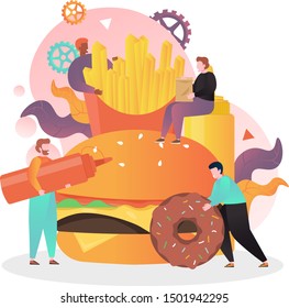 Tiny characters cooking huge hamburger, french fries, donut, vector illustration. Unhealthy junk food, fast food restaurant concept for web banner, website page etc.