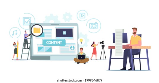 Tiny Characters Creating Content, Copywriting, Marketing Concept. Home Based Copywriter, Writer, Freelancer, Smm Manager, Digital Marketer Create Advertising Post. Cartoon People Vector Illustration