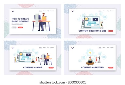 Tiny Characters Creating Content, Copywriting, Marketing Landing Page Template Set. Copywriter, Writer, Freelancer, Smm Manager, Digital Marketer Create Advert Post. Cartoon People Vector Illustration