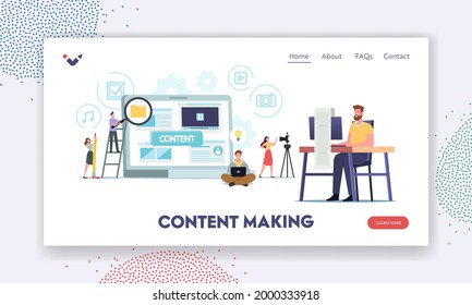 Tiny Characters Creating Content, Copywriting, Marketing Landing Page Template. Copywriter, Writer, Freelancer, Smm Manager, Digital Marketer Create Advert Post. Cartoon People Vector Illustration