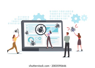 Tiny Characters Debugging Firewall. Antivirus Scanning, Malware Fixing, Virus Attack, Trojan Search, Bugs Detection. System Protection. People Threat Diagnostic Crash Test. Cartoon Vector Illustration