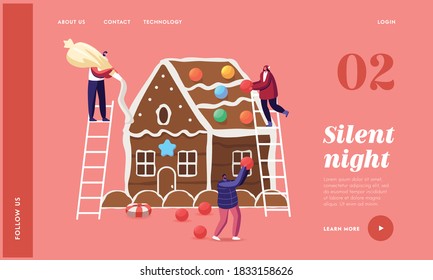 Tiny Characters Decorate Huge Christmas Gingerbread House Landing Page Template. Cookies and Sweets. Festive Activity Preparation for Xmas Holidays Celebration. Cartoon People Vector Illustration