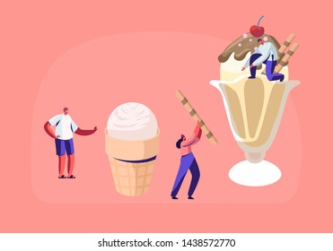 Tiny Characters Decorate Ice Cream with Sweets and Berries. Delicious Sweet Dessert, Summer Time Food, Cold Meal. Different Types of Icecream, Waffle Cone Creme Brulee Cartoon Flat Vector Illustration