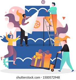 Tiny characters decorating big birthday cake with cream, vector illustration. Bakery, cake making services, confectionery composition for web banner, website page etc.