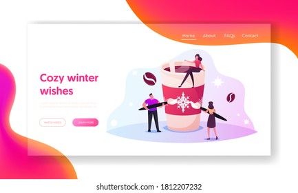 Tiny Characters Decorating Huge Cup of Coffee with Snowflakes Landing Page Template. Ornament for Christmas Holiday. Woman Sit on Mug with Hot Drink. Xmas Beverage. Cartoon People Vector Illustration