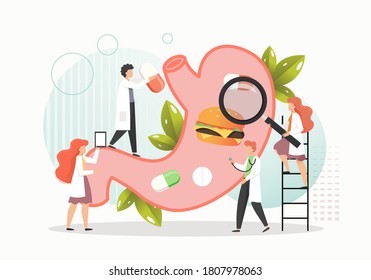 Tiny characters doctors examining and treating giant human stomach with burger and pills inside, flat vector illustration. Gastritis symptoms and treatment, gastroenterology, medicine and healthcare.