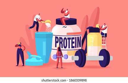 Tiny Characters Drinking Protein Cocktails from Shaker in Gym. Sportive Nutrition, Healthy Lifestyle. People Pumping Muscles. Fitness, Bodybuilding Activity and Food. Cartoon Vector Illustration