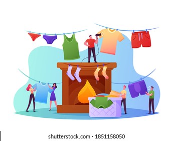Tiny Characters Drying Wet Clothes Concept. People Hanging Huge Clean Wet Clothing on Rope and Fire Place Taking Washed Linen from Basket. Household Duties and Chores. Cartoon Vector Illustration
