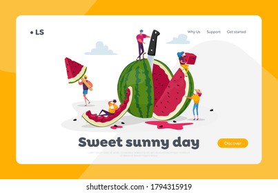 Tiny Characters Enjoying with Huge Ripe Watermelon Landing Page Template. Summer Time, Group of People, Family and Friends Having Fun, Eating Fruits and Fruity Ice Cream. Cartoon Vector Illustration
