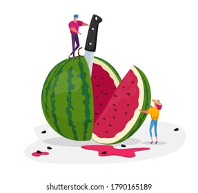 Tiny Characters Enjoying Refreshing of Huge Ripe Watermelon. Summer Time Food, Man and Woman Have Fun, Slicing Melon with Knife for Eating. Fruits Season, Relaxing People. Cartoon Vector Illustration