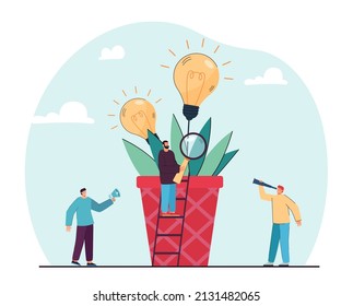 Tiny characters examining potted plant with lightbulbs. Male characters searching for ideas flat vector illustration. Teamwork, startup, innovation concept for banner, website design or landing page