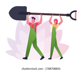Tiny Characters Farmer in Overalls Carry Huge Spade for Working in Garden or House Yard Digging Soil and Care of Plants in Countryside. Gardener Active Outdoor Work. Cartoon People Vector Illustration