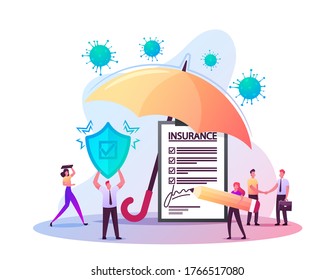 Tiny Characters Fill Health Policy Document under Huge Umbrella. Man Holding Protective Shield. Coronavirus Signing Insurance for Medical Protection, Life Guarantee. Cartoon People Vector Illustration